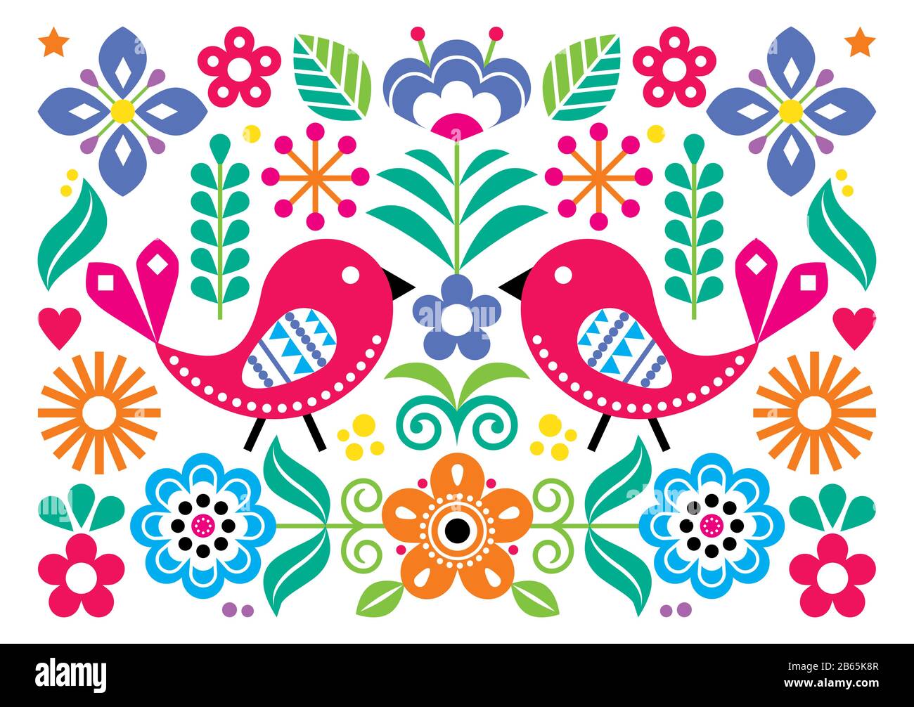 Disegno floreale con motivo floreale, biglietto di auguri o invito in formato A7 con uccelli, fiori ispirati al ricamo tradizionale Illustrazione Vettoriale