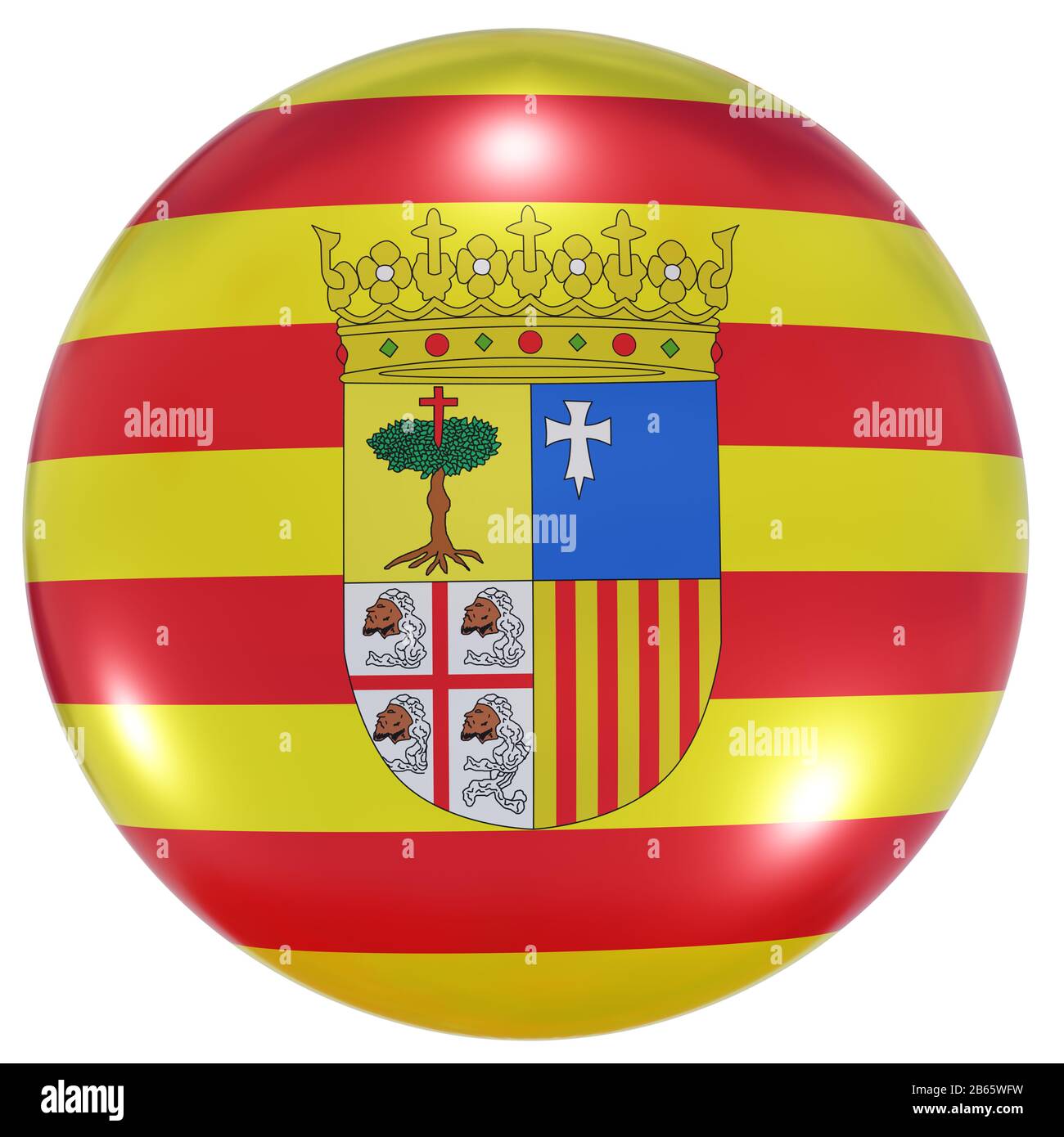 3D rendering di una bandiera spagnola Aragon Community su un cerchio icona isolato su sfondo bianco Foto Stock