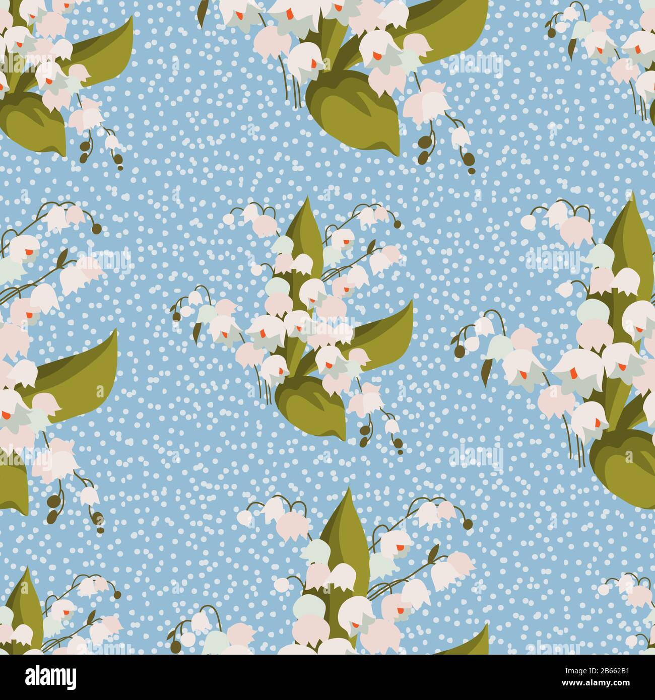 Modello senza cuciture con bouquet di ninfee bianche cute della valle su uno sfondo blu. Immagine vettore cartoon carino Illustrazione Vettoriale