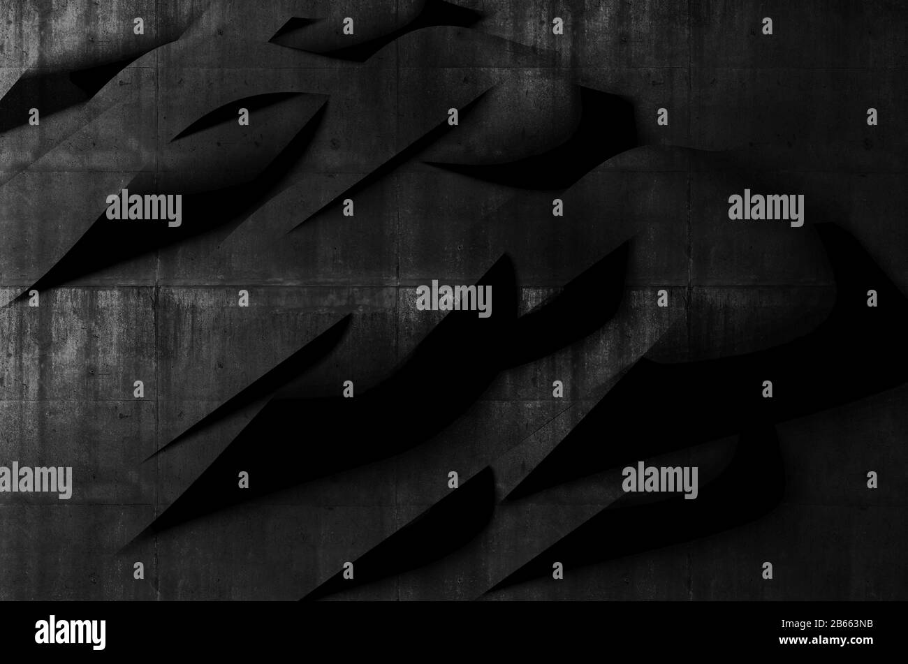 Astratto sfondo nero minimo, installazione a strisce piegate con motivo di calcestruzzo ruvido, illustrazione di rendering 3d Foto Stock