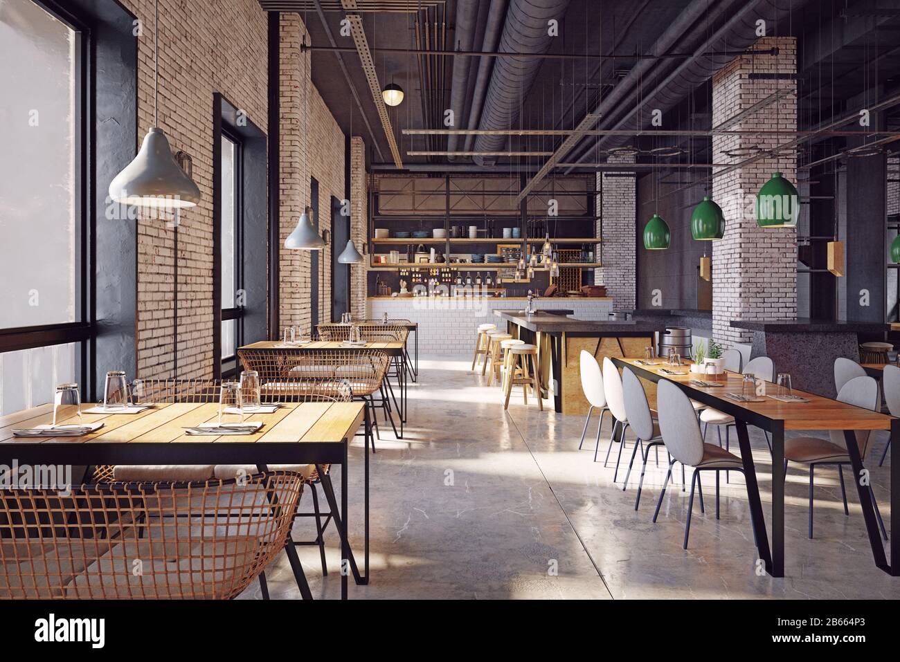 moderno concetto di design degli interni del ristorante. rendering 3d Foto Stock