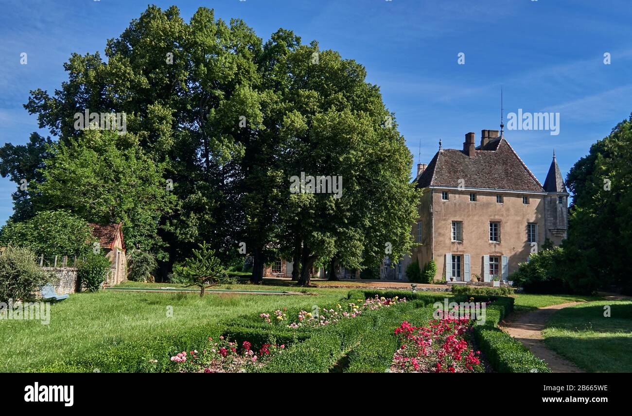 Europa, Francia , Bourgogne-Franche-Comté, dipartimento, 71640 Mellecey , Château de Germolles, nel 1380, , Filippo il grassetto (Philippe le Hardi), duca di Borgogna, comprò la roccaforte di Germolles per sua moglie Margaret delle Fiandre (Marguerite de Flandre). La Duchessa la trasformò in una lussuosa casa con l'aiuto dei migliori artisti della scuola borgognona (Claus Sluter, Jean de Beaumetz). Foto Stock