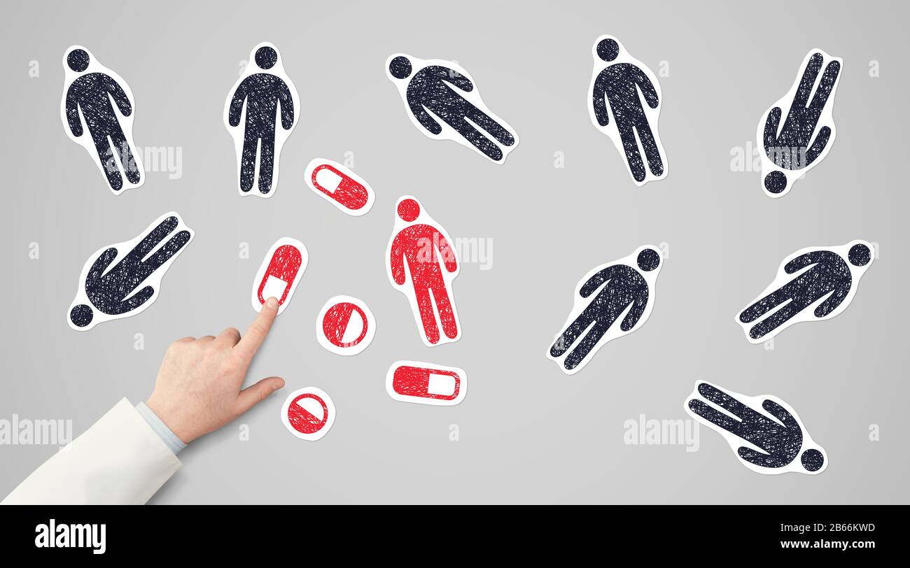 Medico che punta a pillole e la figura umana infetta tra quelli sani, composizione creativa Foto Stock
