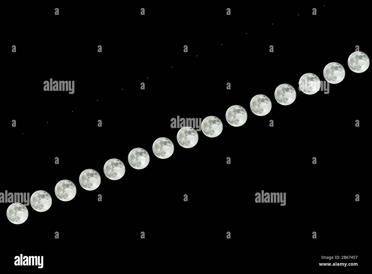 Sequenza che mostra la Luna e Giove che si innalza attraverso un cielo notturno invernale Foto Stock