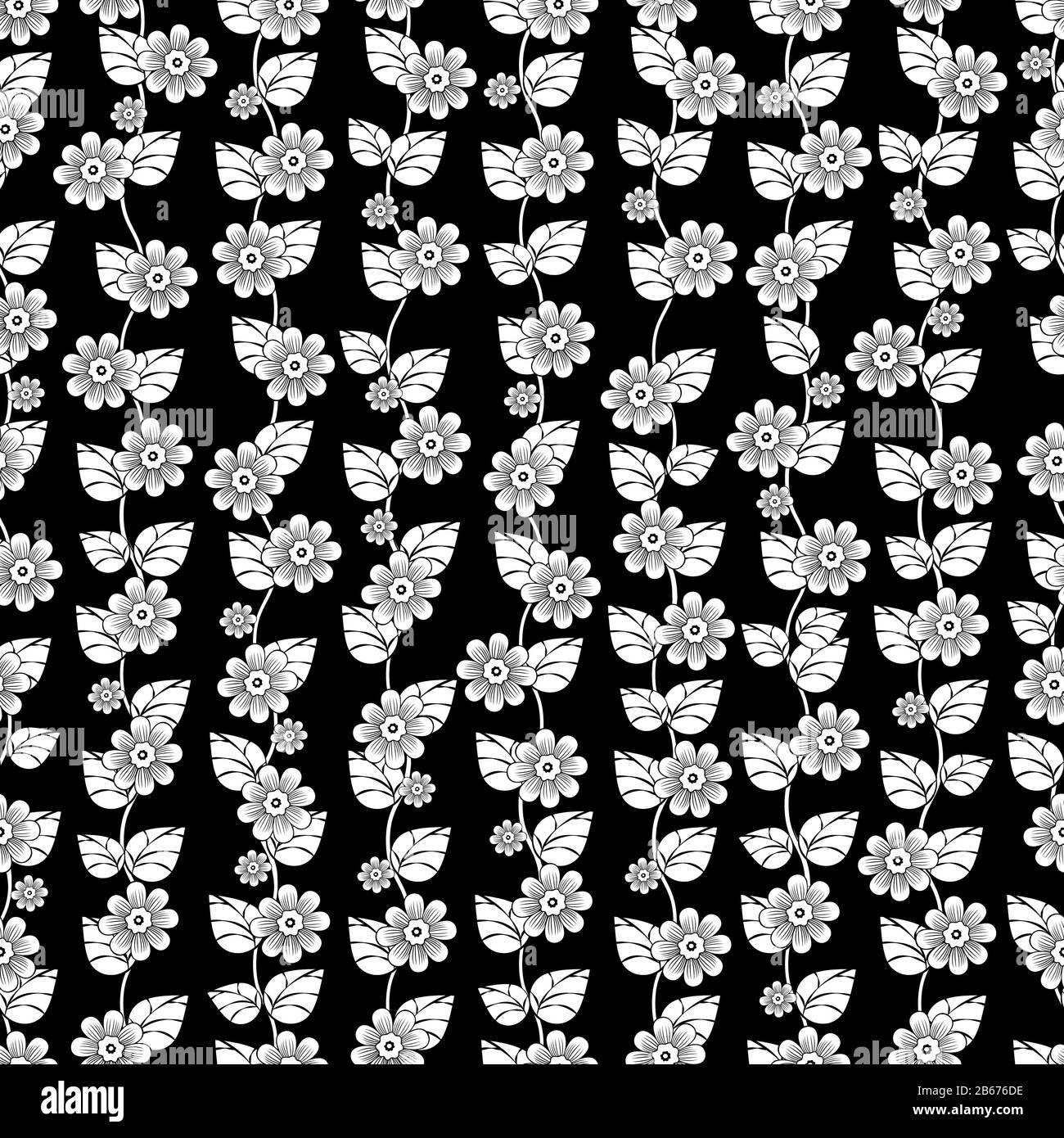 Boccioli di fiori bianchi con petali e foglie su fusto ondulato su sfondo nero, motivo senza cuciture, disegno cartoon outline, sfondo monocromatico. Fab. Floreale Illustrazione Vettoriale