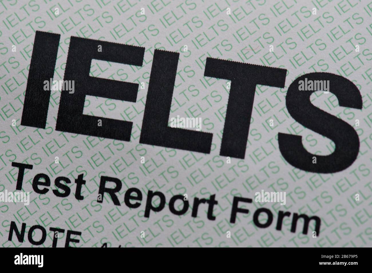 Modulo di report del test IELTS dopo l'esame in inglese Foto Stock