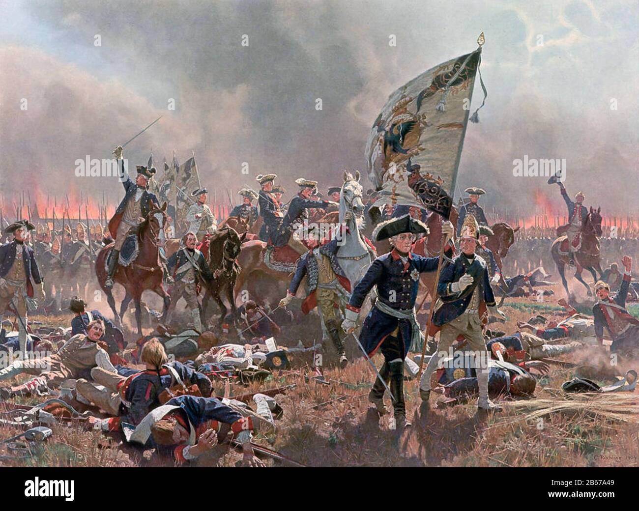 BATTAGLIA DI ZORNDORF 25 AGOSTO 1758. Federico il Grande si smonta per afferrare la bandiera e guidare l'avanzata prussiana. Dipinto da Carl Rochling nel 1904. Foto Stock