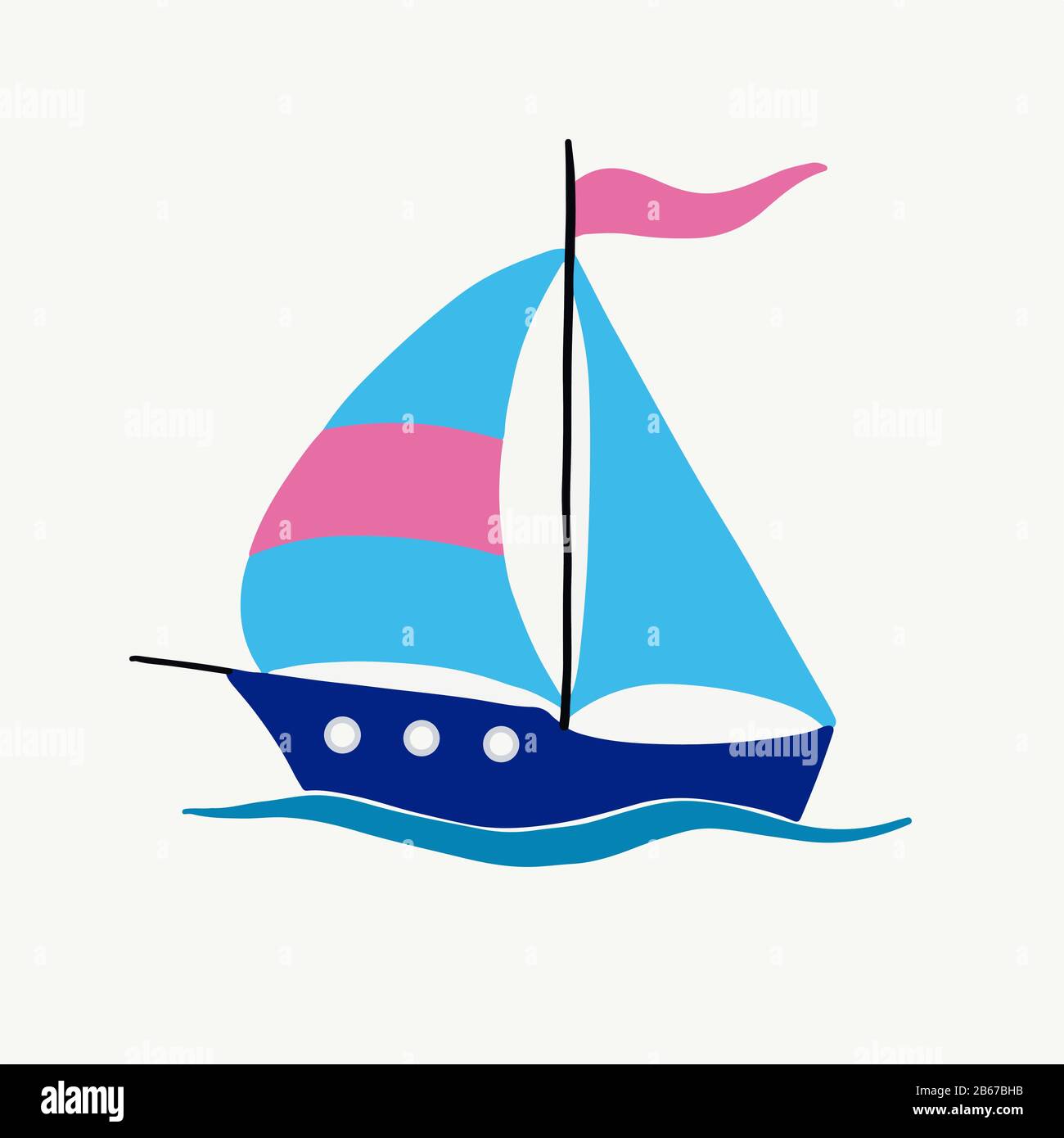 Immagine vettoriale di una nave a vela brillante su sfondo bianco. Per la progettazione di cartoline con vista mare, stampe su copertine e t-shirt, stilisti su Illustrazione Vettoriale