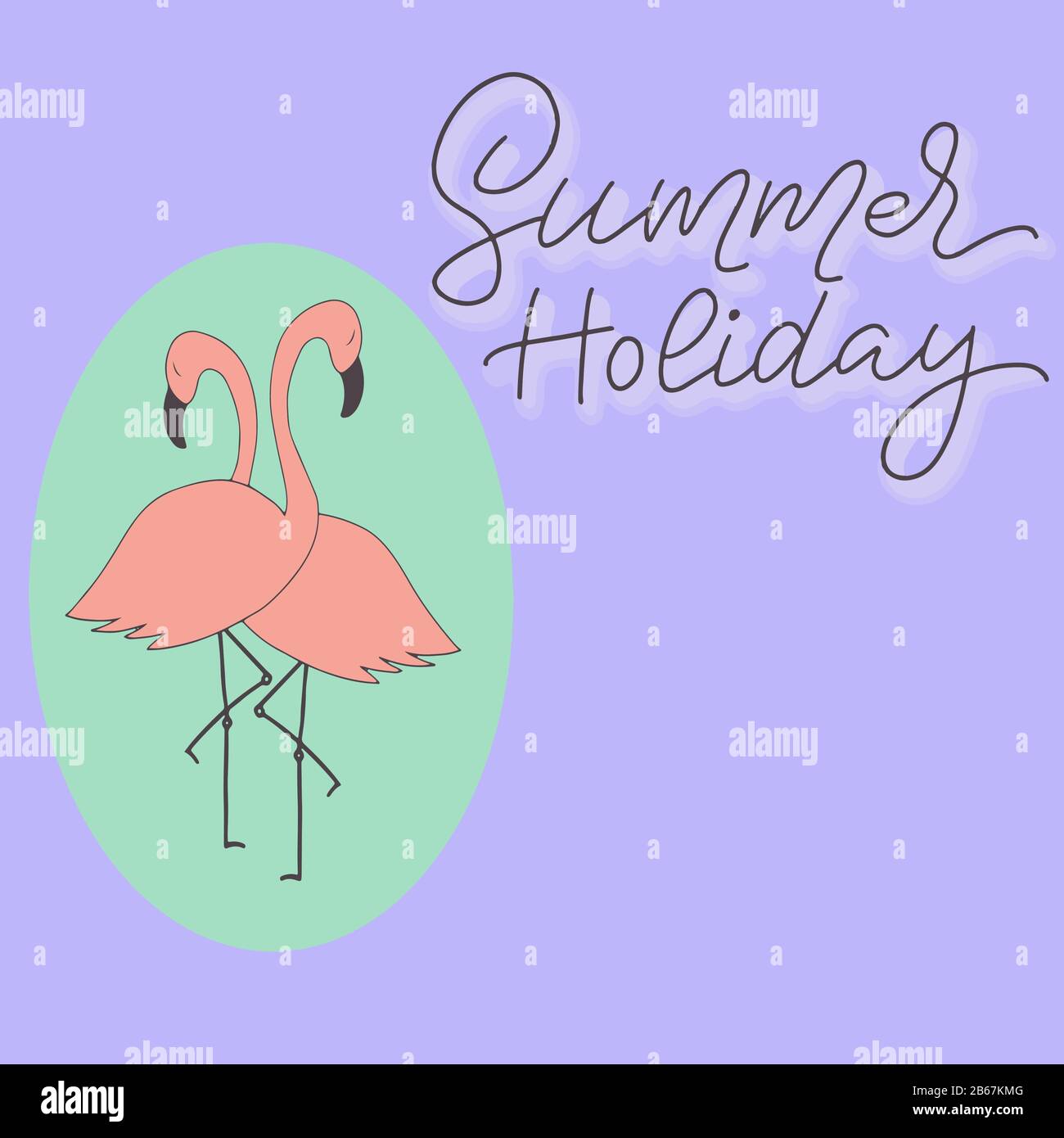 Immagine di due fenicotteri rosa su sfondo verde e lilla, con l'iscrizione - vacanza estiva - in grafica vettoriale. Per la progettazione di cartoline Illustrazione Vettoriale