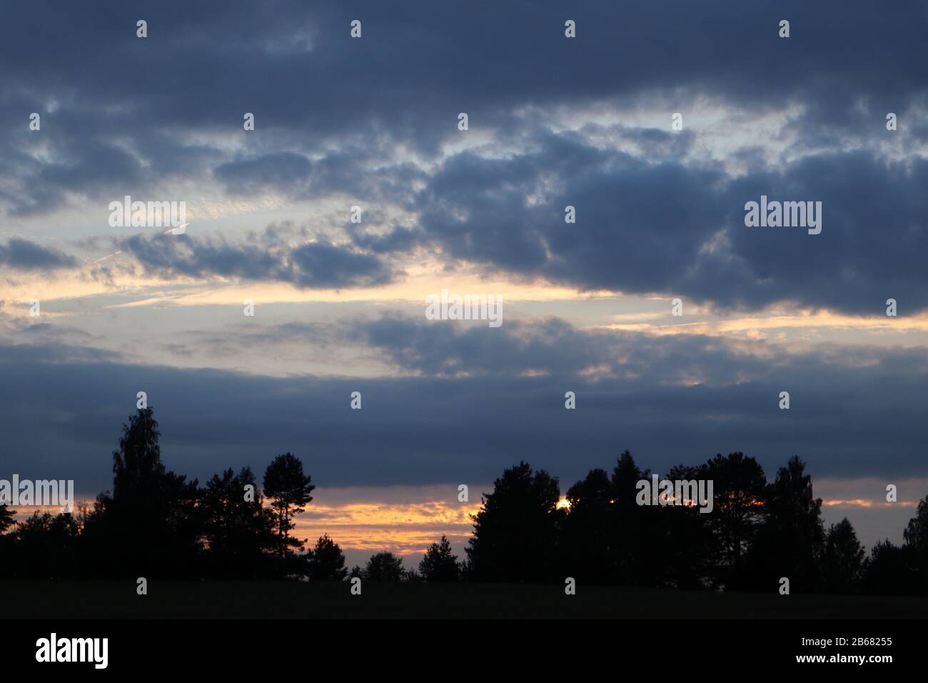 Tramonto drammatico nuvole scure nuvole e sole arancione con alberi scuri silhouette. Colori vivaci e pittoreschi Foto Stock