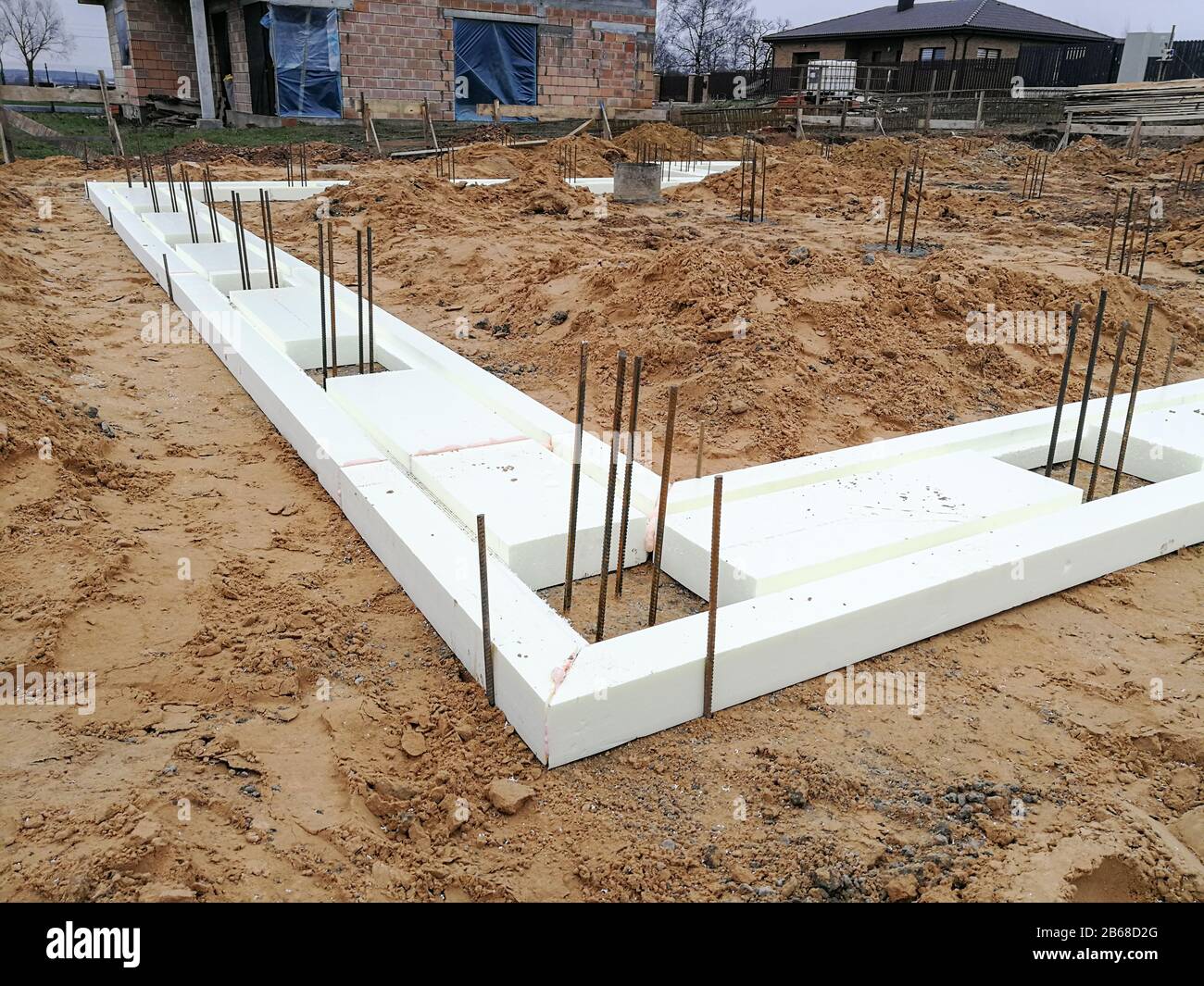 Foamboard per la griglia di fondazione della casa in cantiere Foto Stock
