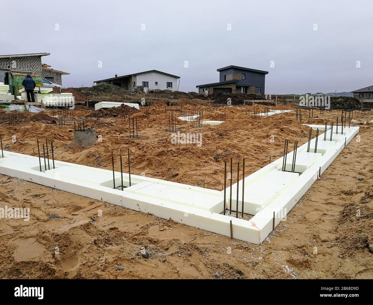 Foamboard per la griglia di fondazione della casa in cantiere Foto Stock
