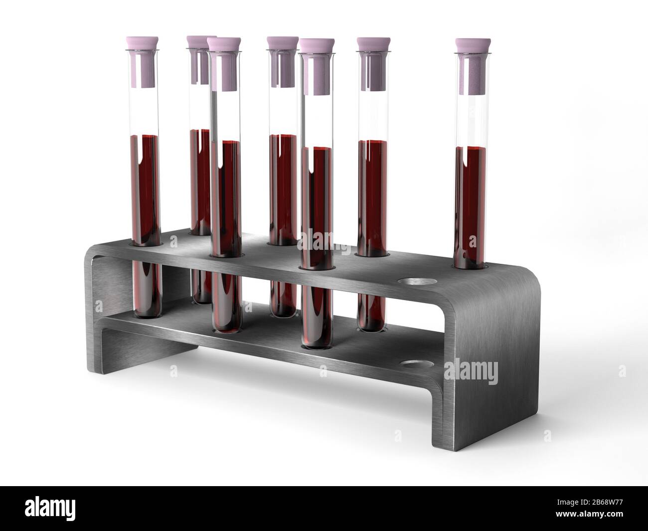 3D rendering di rack in metallo con provette per analisi mediche con campioni di sangue su bianco Foto Stock