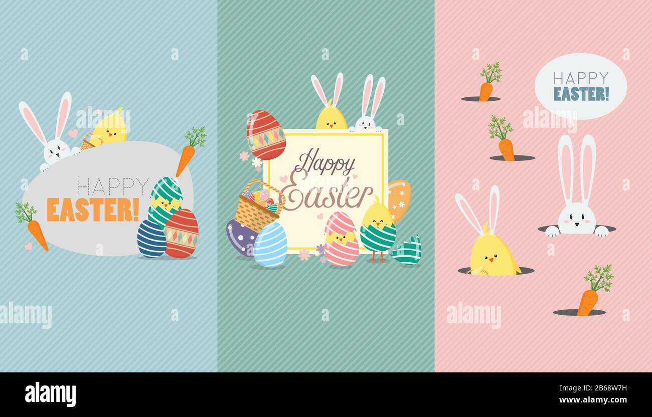 Buona Pasqua di raccolta biglietti d'auguri. Grafica vettoriale di elementi cartoon carini Illustrazione Vettoriale