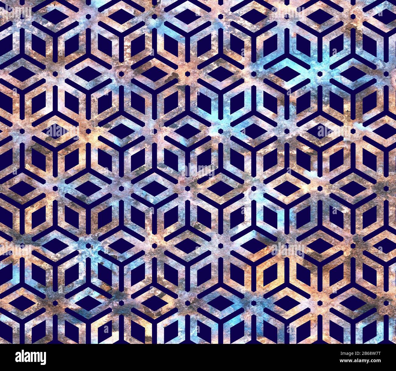 Griglia arcobaleno geometrica in colori neon su sfondo blu scuro. Foto Stock