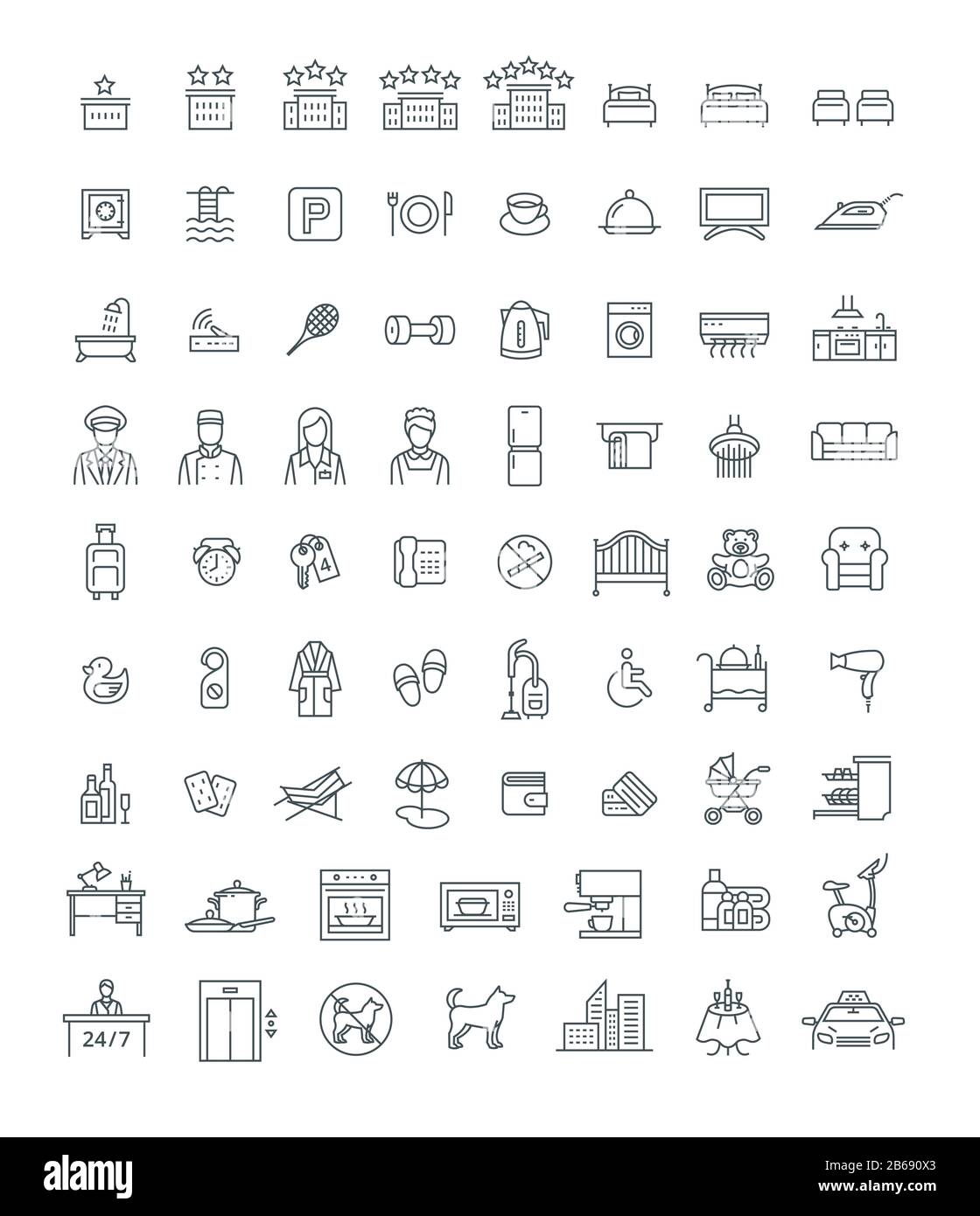 Prenotazione hotel, motel o camera ostello con servizi sottile vettore icone. Affittate un appartamento con servizi privati mentre siete in viaggio. Contorno nero sym Illustrazione Vettoriale