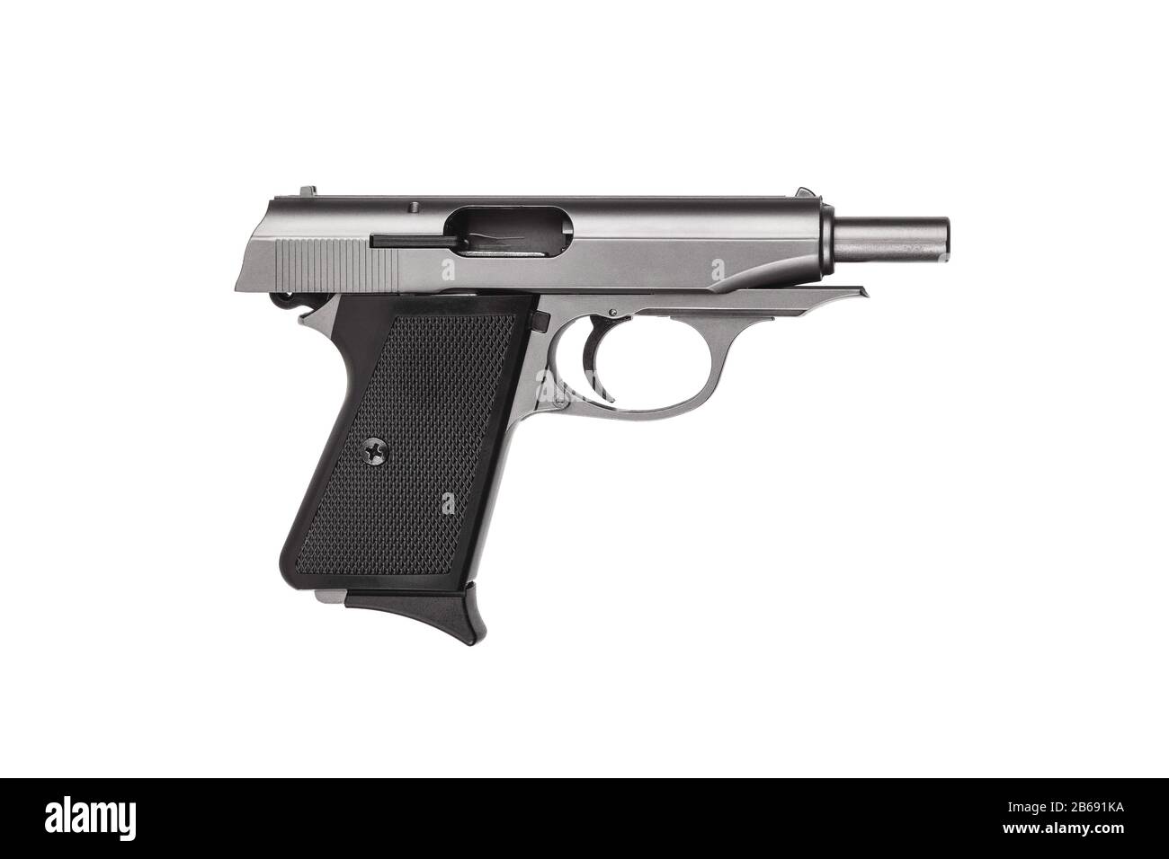 Piccola pistola moderna in argento nero. Pistola da donna. Armi per indossare nascosto.Gun isolato su uno sfondo bianco. Foto Stock