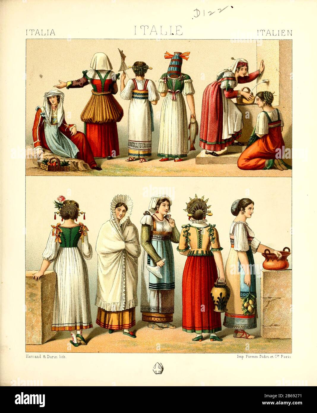 Antica moda e lifestyle italiana, 18th secolo da Geschichte des kostums in cronologischer entwicklung (Storia del costume in sviluppo cronologico) di Racinet, A. (Auguste), 1825-1893. E Rosenberg, Adolf, 1850-1906, Volume 5 stampato a Berlino nel 1888 Foto Stock