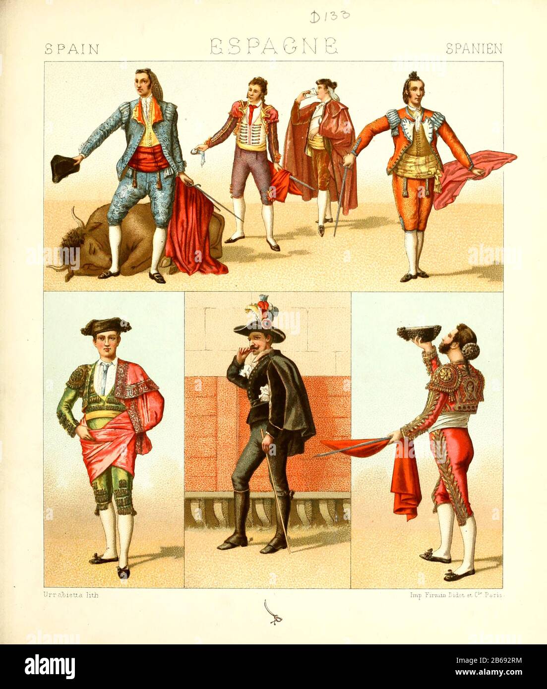 Antica moda e lifestyle spagnola, 18th secolo da Geschichte des kostums in cronologischer entwicklung (Storia del costume in sviluppo cronologico) di Racinet, A. (Auguste), 1825-1893. E Rosenberg, Adolf, 1850-1906, Volume 5 stampato a Berlino nel 1888 Foto Stock