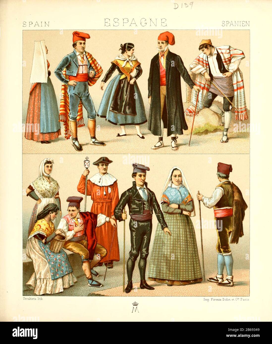 Antica moda e lifestyle spagnola, 18th secolo da Geschichte des kostums in cronologischer entwicklung (Storia del costume in sviluppo cronologico) di Racinet, A. (Auguste), 1825-1893. E Rosenberg, Adolf, 1850-1906, Volume 5 stampato a Berlino nel 1888 Foto Stock