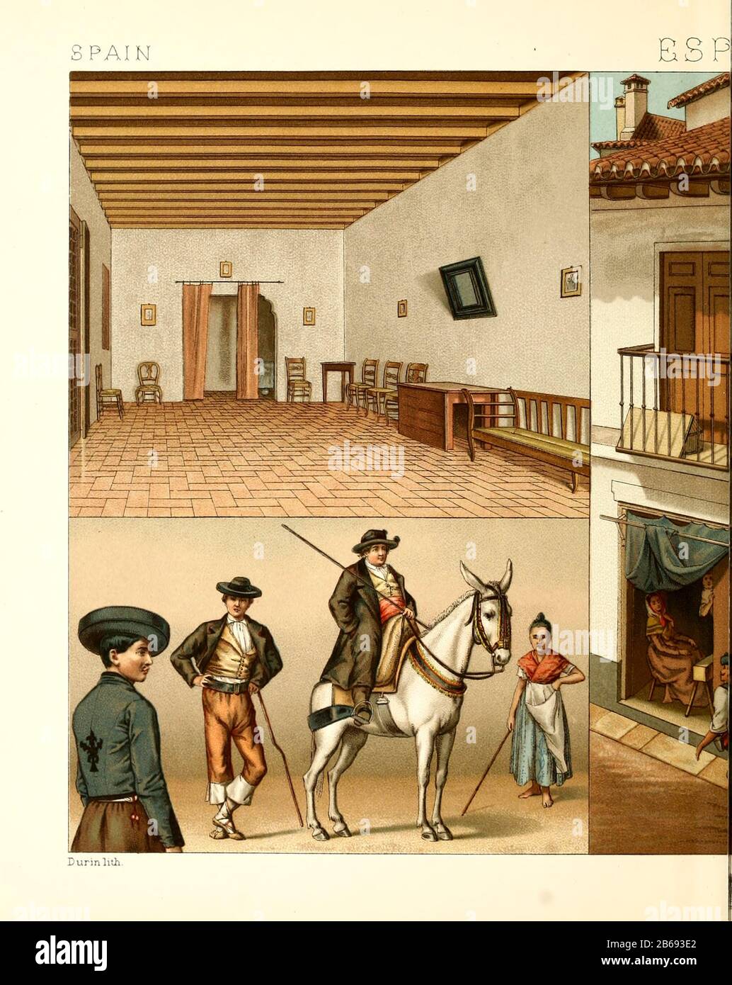 Antica moda e lifestyle spagnola, 18th secolo da Geschichte des kostums in cronologischer entwicklung (Storia del costume in sviluppo cronologico) di Racinet, A. (Auguste), 1825-1893. E Rosenberg, Adolf, 1850-1906, Volume 5 stampato a Berlino nel 1888 Foto Stock