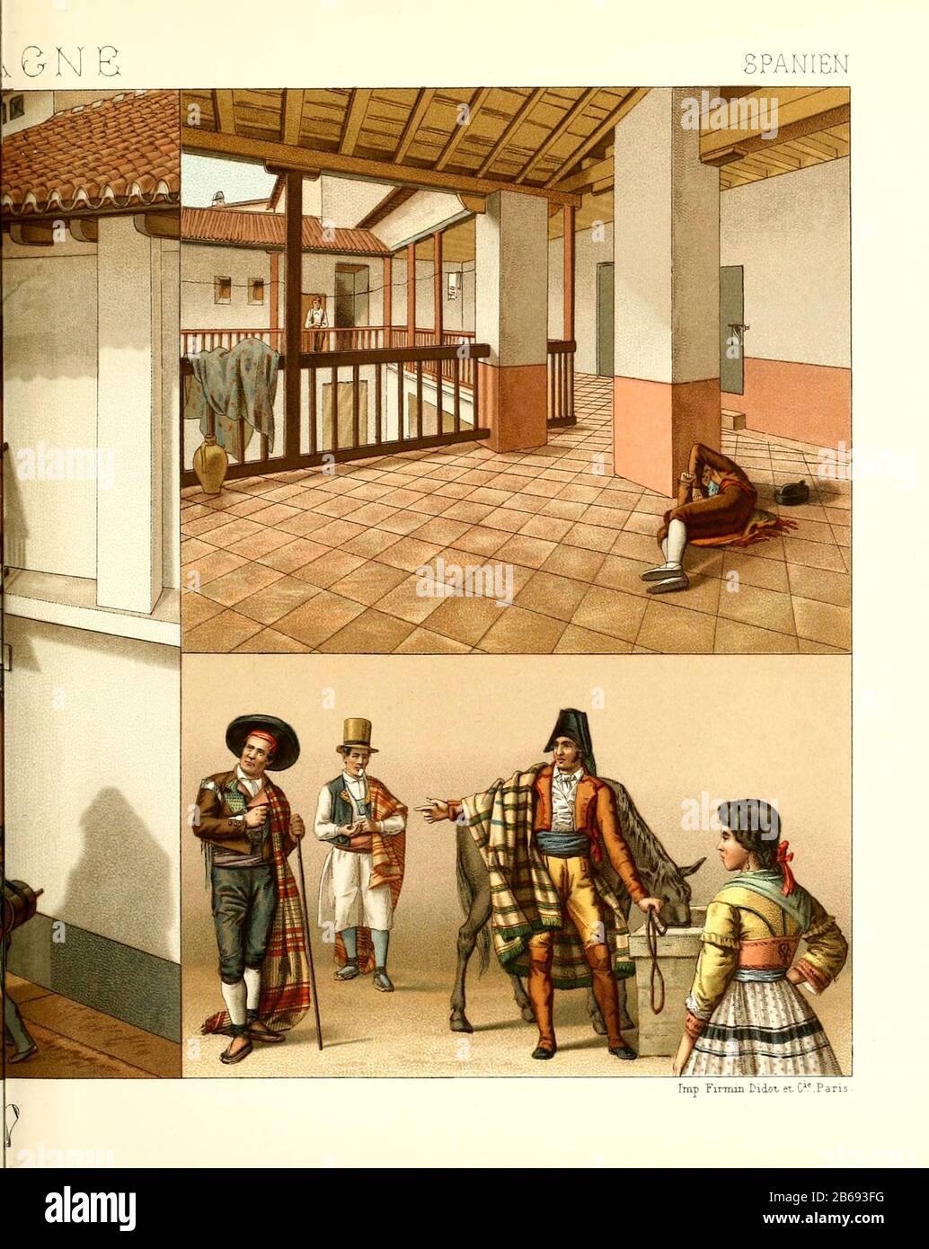 Antica moda e lifestyle spagnola, 18th secolo da Geschichte des kostums in cronologischer entwicklung (Storia del costume in sviluppo cronologico) di Racinet, A. (Auguste), 1825-1893. E Rosenberg, Adolf, 1850-1906, Volume 5 stampato a Berlino nel 1888 Foto Stock