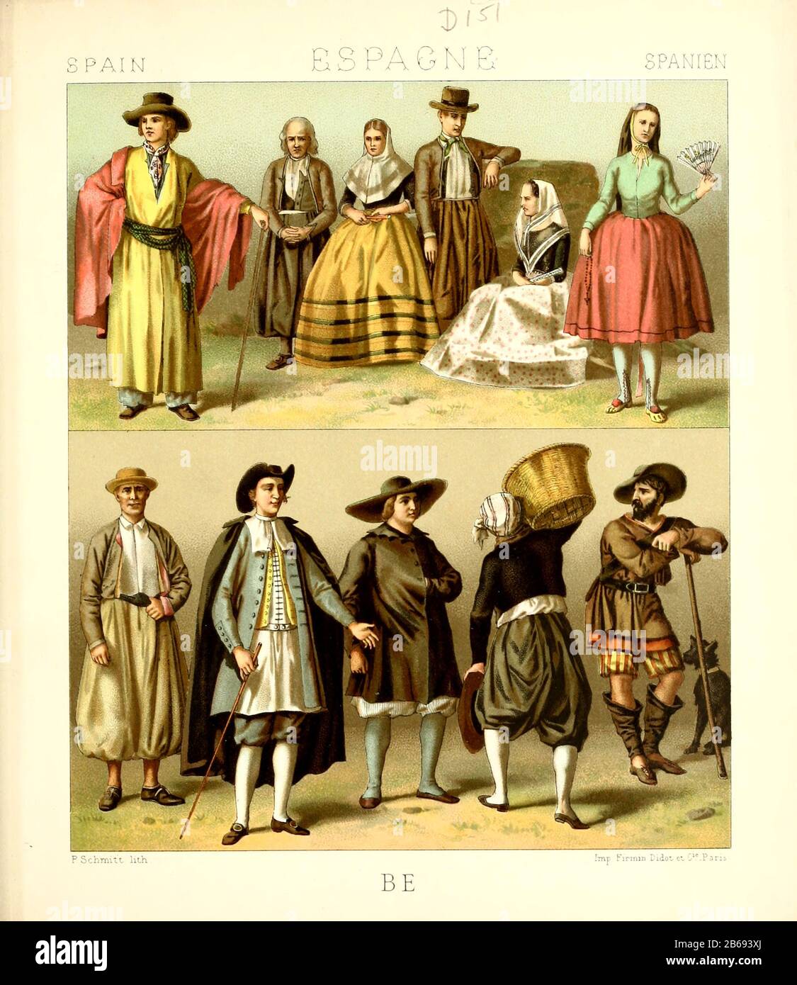 Antica moda e lifestyle spagnola, 18th secolo da Geschichte des kostums in cronologischer entwicklung (Storia del costume in sviluppo cronologico) di Racinet, A. (Auguste), 1825-1893. E Rosenberg, Adolf, 1850-1906, Volume 5 stampato a Berlino nel 1888 Foto Stock