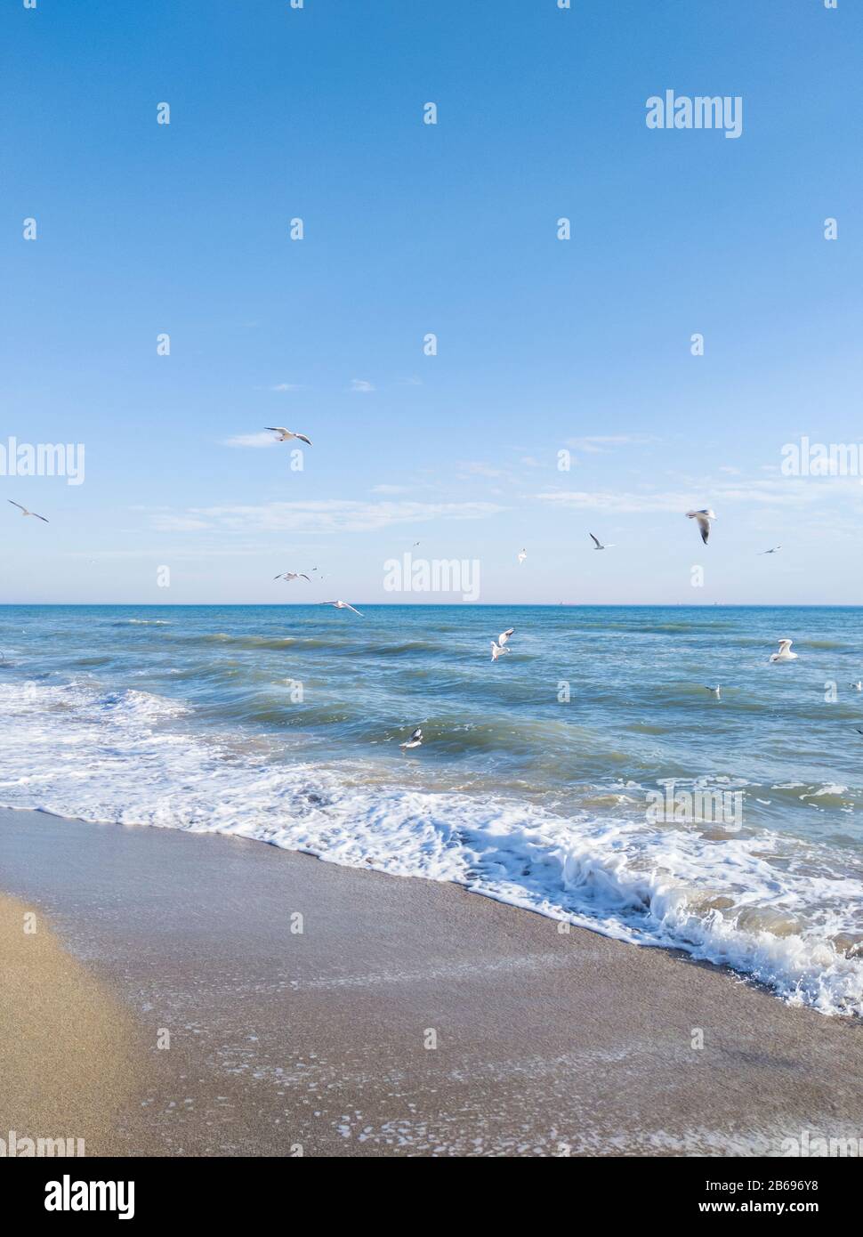 Splendida vista sul mare in una giornata estiva soleggiata. Cielo limpido e mare ondulato. Foto Stock