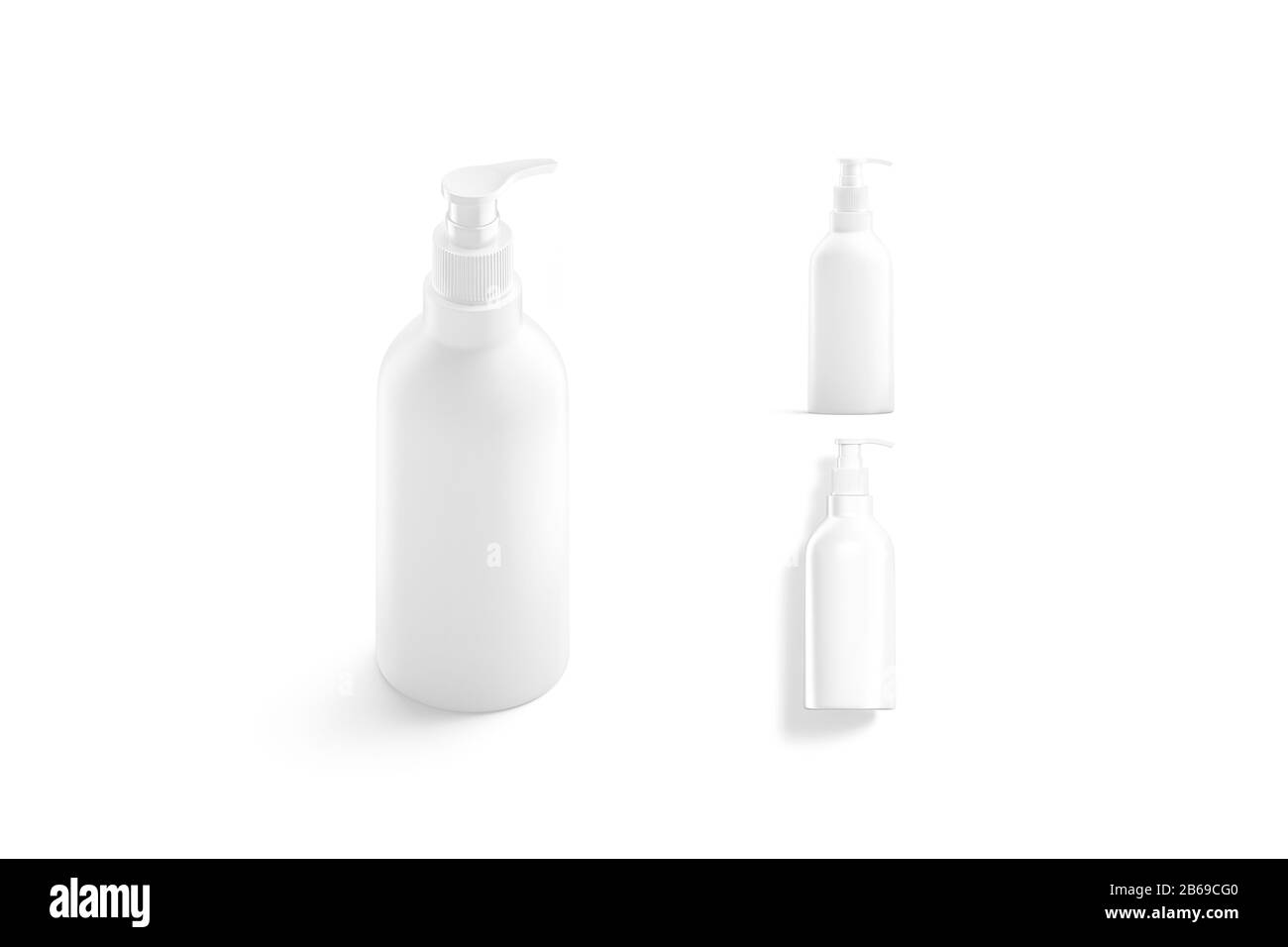 Flacone bianco vuoto con mockup dispenser, lati diversi Foto Stock