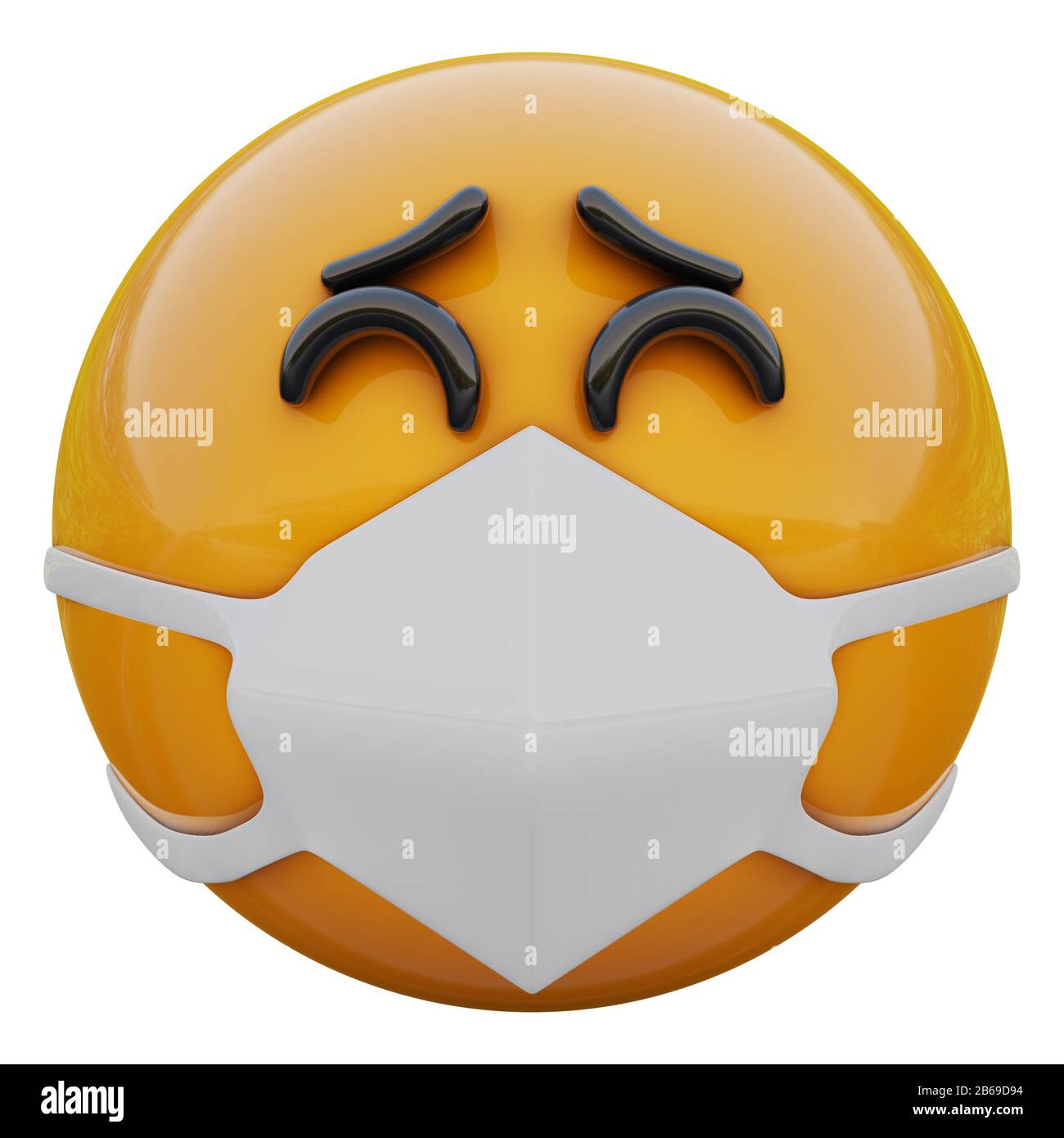 3D render di faccina emoji felice e felice gialla in maschera medica che protegge da coronavirus 2019-nCoV, MERS-nCoV, sars, influenza aviaria e altri virus, germe Foto Stock