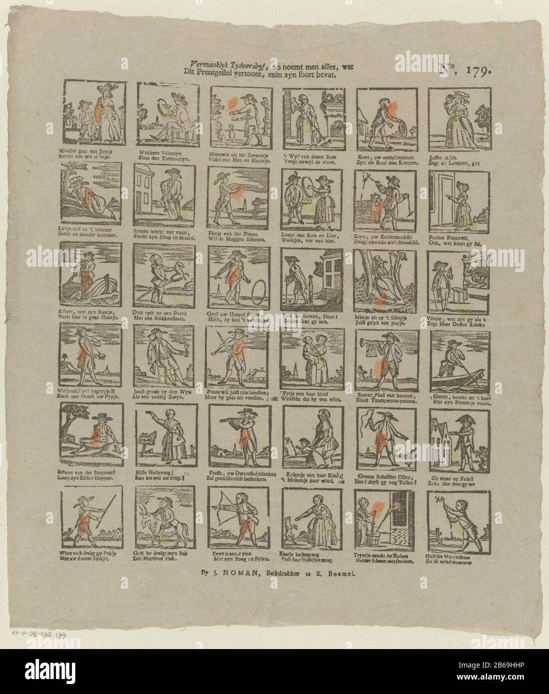 'T Vermaaklyk passatempo, come si chiama tutto ciò che ha cornice immagine, e contiene zyn tipo (oggetto titolo) foglio con rappresentazioni di 36 diverse figure, attività, e giochi per bambini. Sotto ogni immagine un verso a due linee. Numerato in alto a destra: N. 179. Produttore : editore: John Noman (indicato sull'oggetto) produttore di stampa: Anonymous location manufacturing: Editore: Zaltbommel Stampa autore: The Netherlands Data: 1806 - 1830 caratteristiche Fisiche: Legno blocco colorato in giallo e arancione; testo materiale di stampa: Carta Tecnica: Legno / colori / formati di stampa: Foglio: H 384 mm × W. Foto Stock