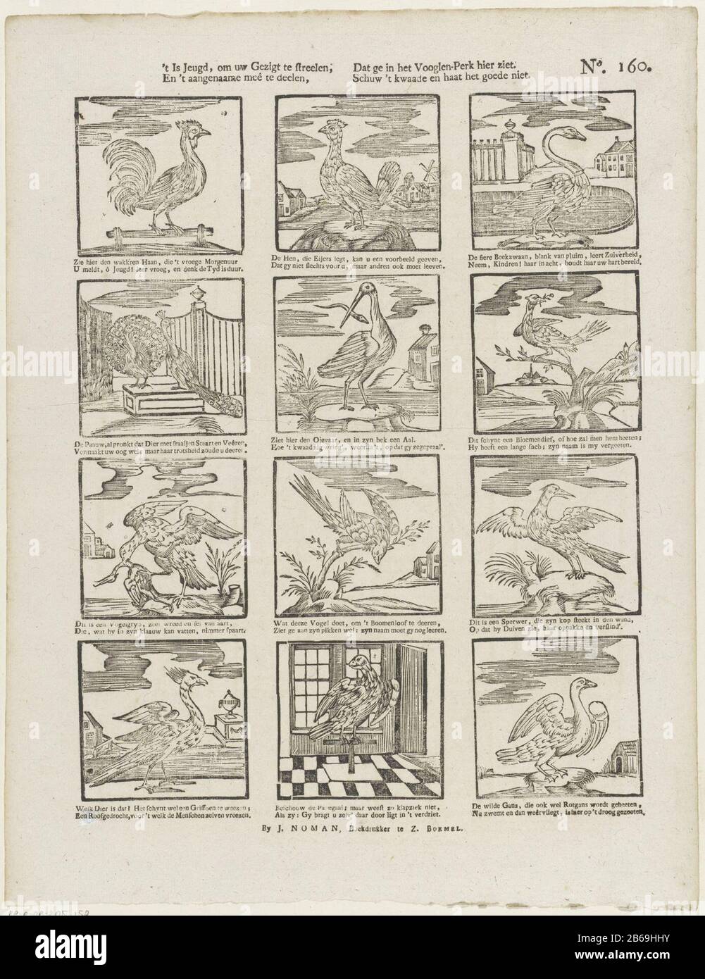 Foglia con 12 spettacoli di uccelli vari come un gallo, una cicogna e un pappagallo. Sotto ogni immagine un verso a due linee. Numerato in alto a destra: N. 160. Produttore : Editore: Johan Noman (edificio elencato) stampatore: Anonimo luogo fabbricazione: Editore: Zaltbommel Stampa autore: Olanda Data: 1806 - 1830 caratteristiche Fisiche: Legno tagliato e testo materiale di stampa: Carta Tecnica: Legno / stampa formati: Foglio: H 406 mm × W 318 mm Oggetto: Uccello Foto Stock