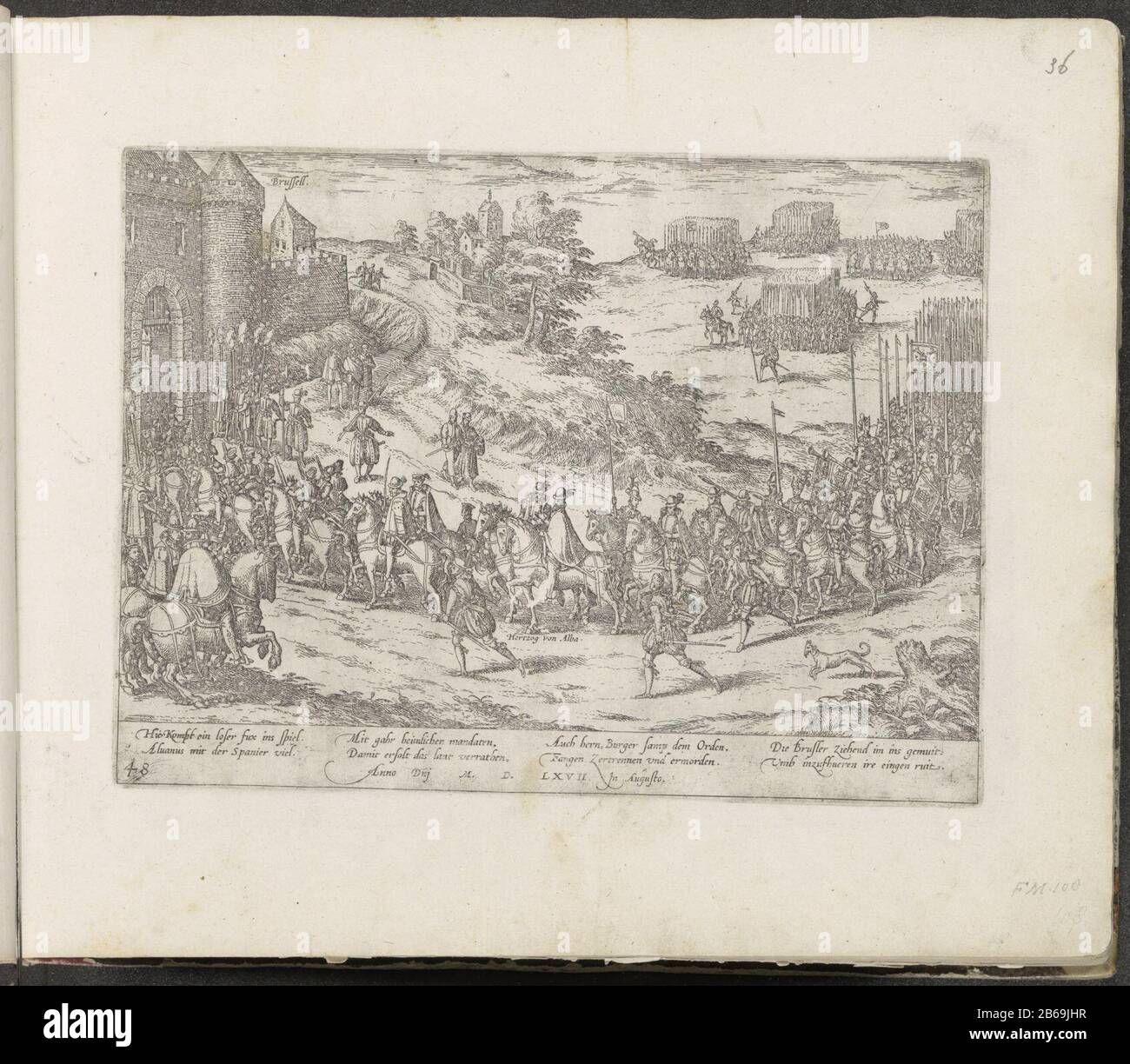 Arrivo del Duca di Alva, Bruxelles, 1567 Serie 5 Eventi Olandese, 1566-1570 (titolo della serie) Arrivo del Duca di Alva a Bruxelles, 22 agosto 1567. Alva arriva a cavallo con il suo esercito alle porte della città. Con la firma di 8 linee in tedesco. In basso a sinistra numerata 48. La stampa fa parte di un album. Produttore : stampatore Francese High Shed prodotto: Colonia Data: 1568 - circa 1572 caratteristiche Fisiche: Materiale di incisione: Tecnica della carta: Incisione dimensioni: Bordo della lastra: H 211 mm × W 285 mm Oggetto: Ottanta Anni di guerra, quando : 1567-08-22 - 1567-08-22 Foto Stock