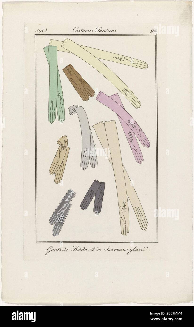 Nove guanti diversi e pelle di capretto scamosciata. Stampa la rivista di moda Journal des Dames et des Modes (1912-1914) . Produttore : stampatore: Anonimo Data: 1913 caratteristiche Fisiche: Engra, con modelli e materiale colorato a mano: Tecnica della carta: Engra (processo di stampa) / coro / dimensioni del colore della mano: Bordo della lastra : h 174 mm × W 107 mm Oggetto: Moda piatti guanti, guanti (guanti CORTI) (+ abbigliamento donna) guanti, guanti (guanti LUNGHI) (+ abbigliamento donna) guanti, guanti, ecc. (+ pelle usata per i vestiti) Dove: 1913 - 1913 Foto Stock