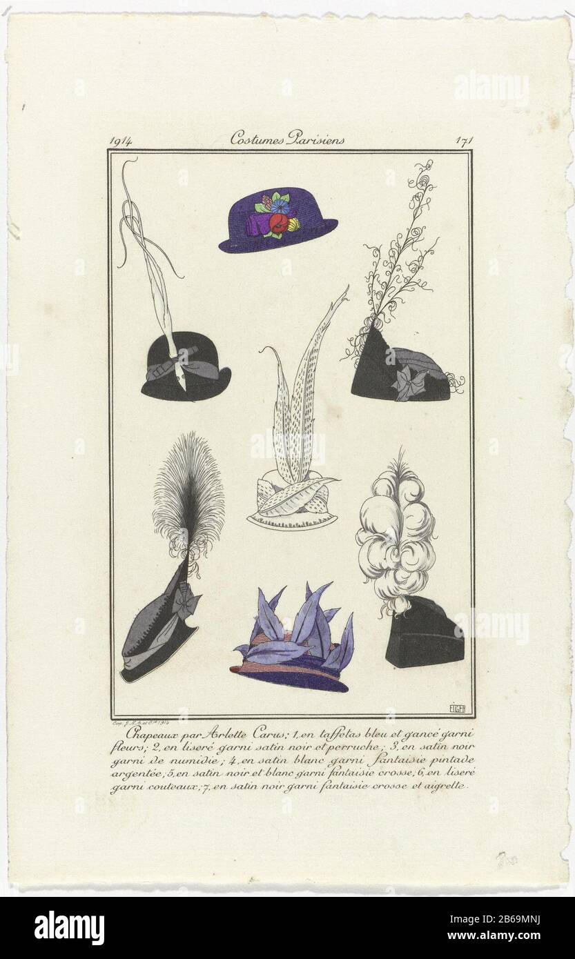 Accessori Journal des Dames e profili, Costumi Parisiens, 1914, No. 171  cappelli di Arlett sette cappelli diversi Arlette Carus. Stampa la rivista  di moda Journal des Dames et des Modes (1912-1914) .