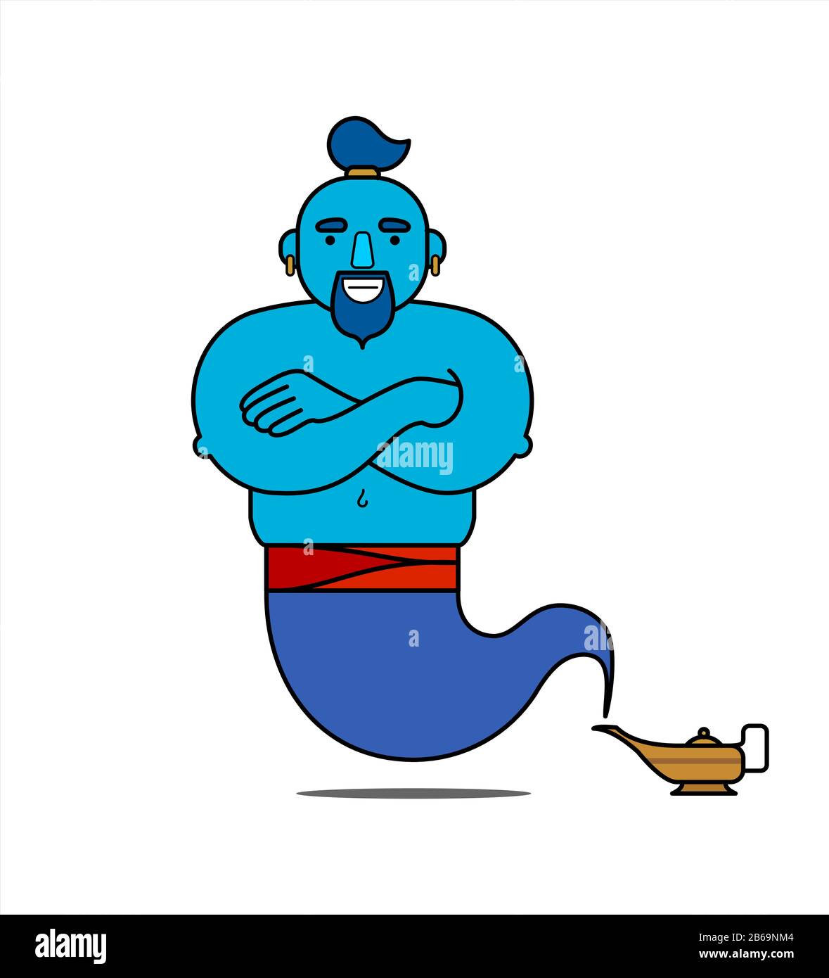 Genie blu dalla lampada, personaggio cartoon, in piedi con le braccia incrociate. Il genie compirà ogni tre desideri. Illustrazione, poster per childre Illustrazione Vettoriale
