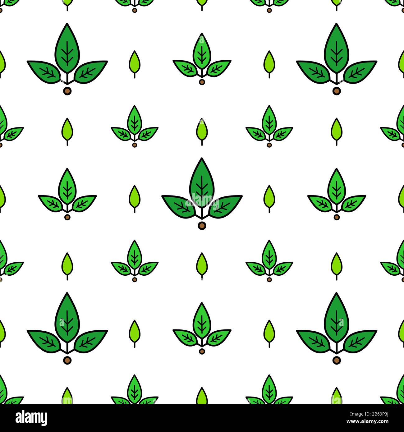 Pattern vettoriale continuo di foglie di diverse dimensioni; su sfondo bianco. Motivo per decor, tessuto, tessuto, carta da imballaggio, sfondo, carta da parati, Illustrazione Vettoriale