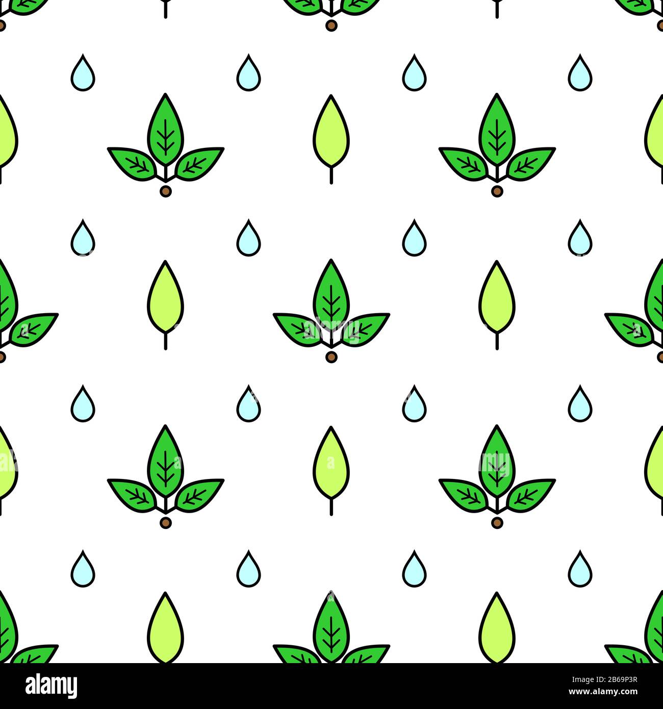 Vettore senza cuciture modello di foglie e gocce di acqua; su sfondo bianco. Motivo per decor, tessuto, tessuto, carta da imballaggio, sfondo, carta da parati, Illustrazione Vettoriale