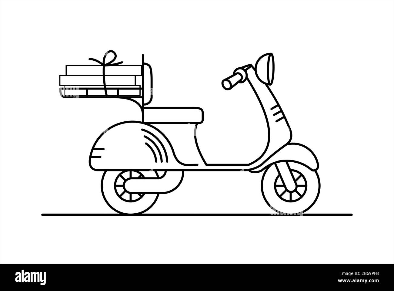 scooter vector retro con baule; ciclomotore vintage; scooter per consegna; isolato su sfondo bianco; pagina libro da colorare. Illustrazione Vettoriale