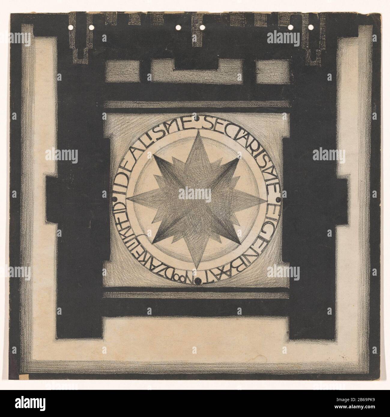 Ruota e torna indietro copertina 1920 copertina posteriore Wendingen 1920 stella in cornice, con testo in cerchio bordo: Baat privato, Necessità, Idealismo, Sectarisme. Produttore : tipografo: Jac Jongert Data: 1920 caratteristiche Fisiche: Litografia materiale: Carta tecnica: Litografia (tecnica) dimensioni: H 325 mm × W 325 mm Foto Stock