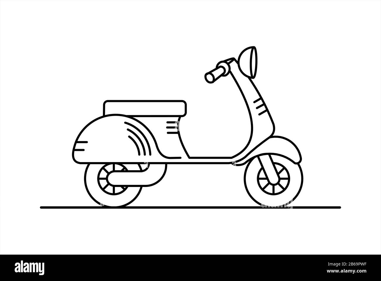 scooter vector retro; ciclomotore vintage; scooter per consegna; isolato su sfondo bianco; pagina libro da colorare. Illustrazione Vettoriale