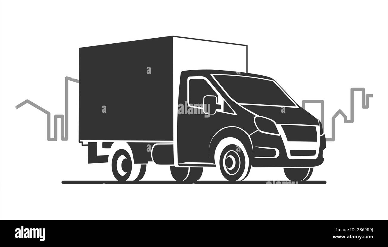 vettore camion stilizzato sullo sfondo della città, il contorno degli edifici, la linea del paesaggio urbano, tre quarti di vista; logo, auto tem Illustrazione Vettoriale