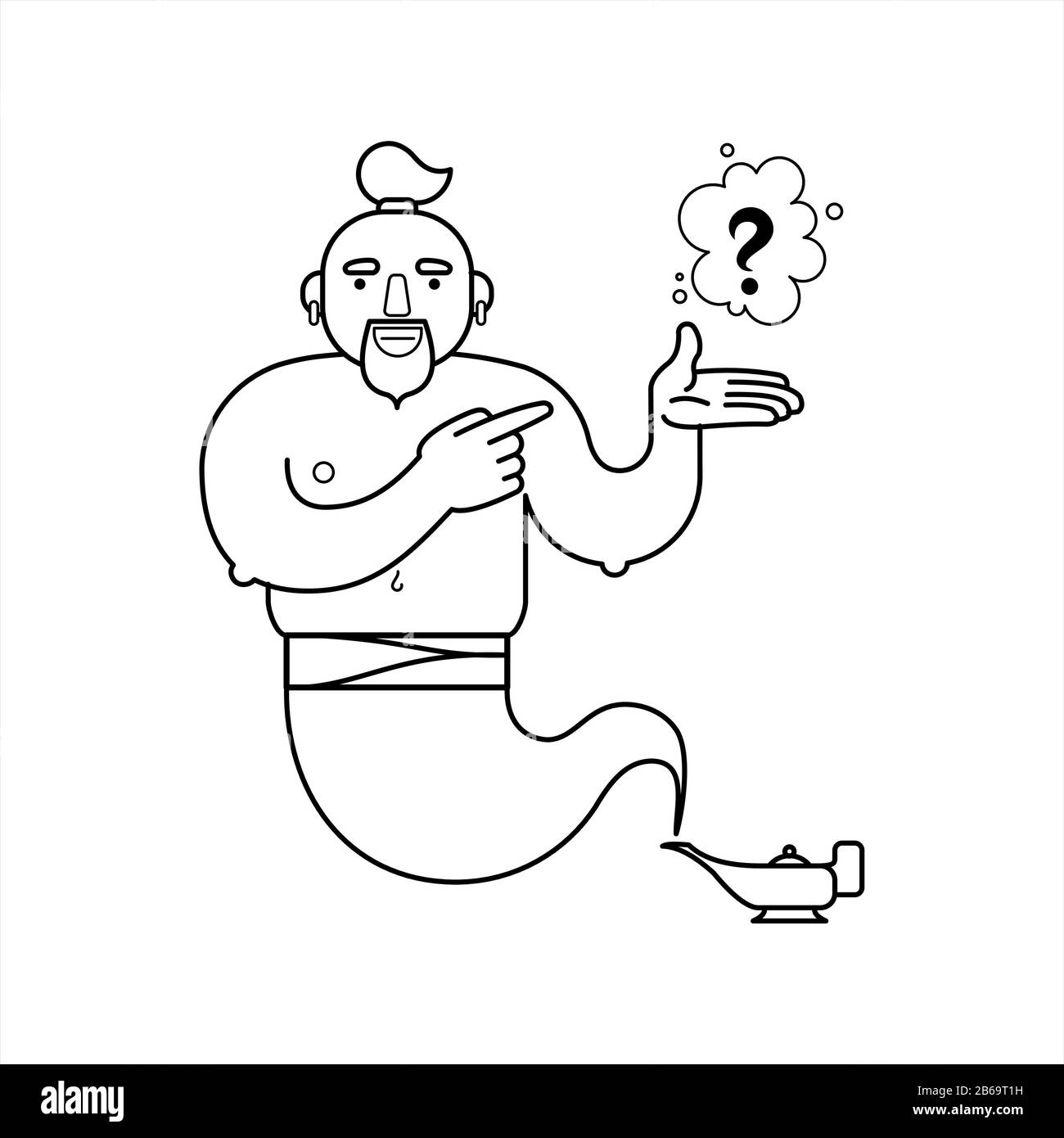 contorno, contorno genie da una lampada, personaggio cartone animato. Per la pagina del libro da colorare. Il genie compirà ogni tre desideri. Che desiderio fate? Quest Illustrazione Vettoriale