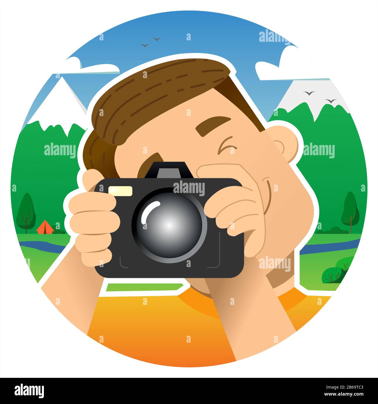 turista, viaggiatore, arrampicatore; sorridente con una macchina fotografica in montagna, sullo sfondo delle montagne; fotografie schiacciando 1 occhio Illustrazione Vettoriale