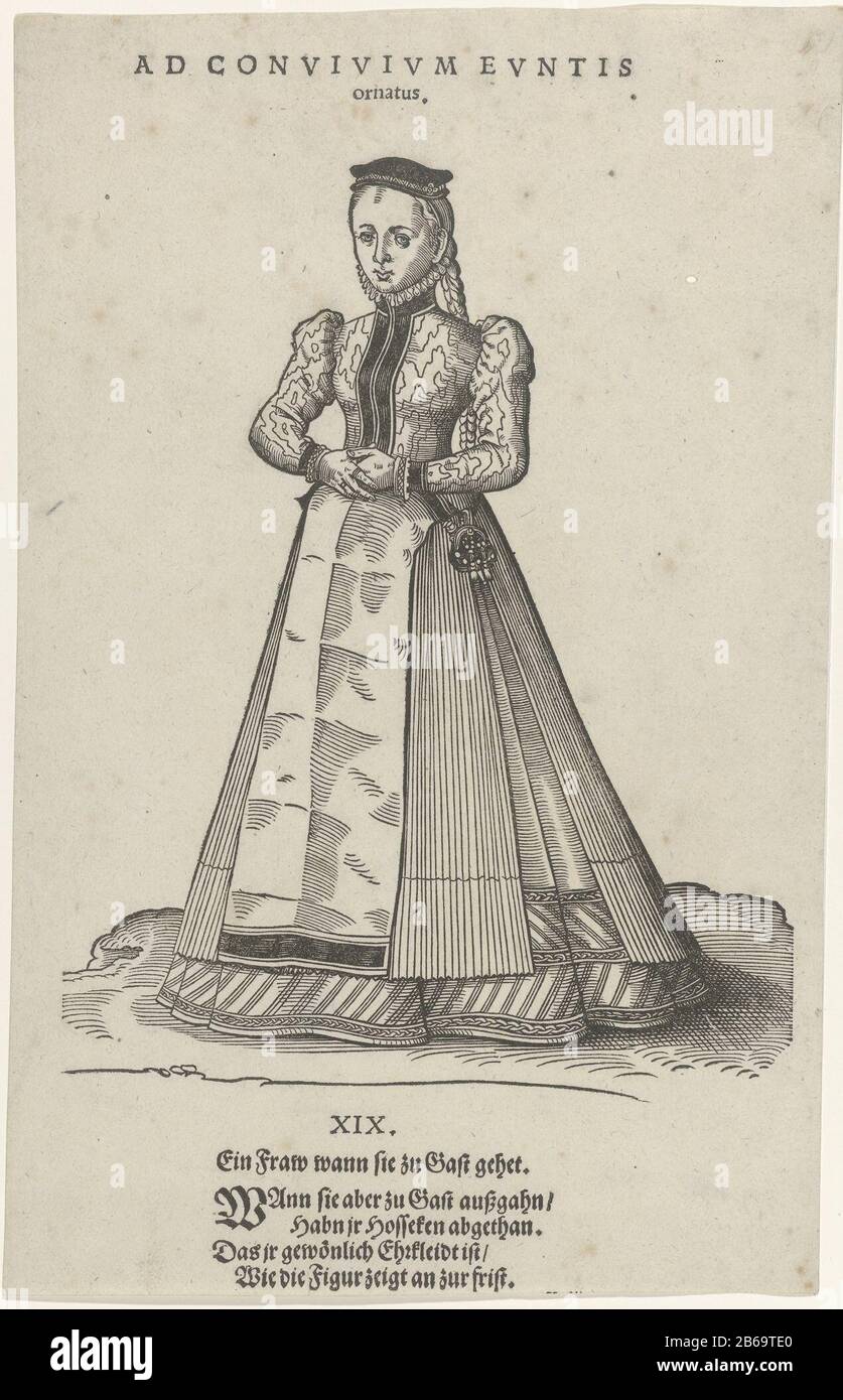 Andando ad un abito da festa (oggetto di titel op) atteggiamento fondamentale della gente, sia gli uomini che le donne sono ritratti in una particolare abilità (serietitel) donna permanente in costume, ca. Nel 1570, con lunga gonna a campana, Dove: Un grembiule. XIX Ein Fraw wann sie zu .... gehet. Produttore : printmaker: Anonimo Data: 1577 caratteristiche Fisiche: Legno materiale: Carta Tecnica: Houtsnede Soggetto: Abito, abito (+ abiti da donna) stili di abbigliamento per capelli (CON NOME) - AA -  donna head-gear : Cappellino (+ abbigliamento donna) per la parte superiore del corpo (CON NOME) (+ abbigliamento donna) maniche (+ donna' Foto Stock