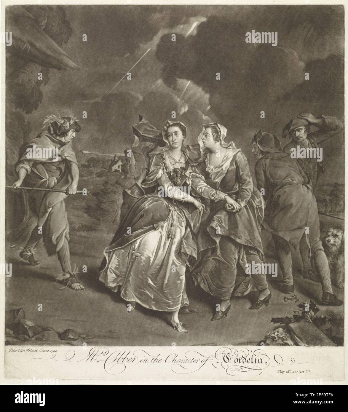 Attrice Susanna Maria Cibber nel ruolo di scena Cordelia dal re Lear di Shakespeare. Cordelia (attrice Susanna Maria Cibber) si distingue nella tempesta. Accanto a lei una donna che la accompagna. Dietro di loro, tre uomini e un cane. Uno degli uomini ha la paglia nel suo cappello e nel suo schoenen. Produttore : printmaker Pieter van Bleeck (listed property) Luogo di produzione: Inghilterra Data: 1755 - 1764 caratteristiche Fisiche: Mezzotint ed engra materiale: Paper Tecnica: Mezzotint / engra (printing process) dimensioni : plate edge: H 446 mm × W 403 mm Oggetto: King Learactress (on the stage) gruppo di attori, tr Foto Stock