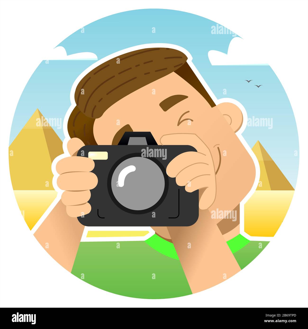 Turista, viaggiatore; ragazzo sorridente con una macchina fotografica in un'escursione in Egitto, sullo sfondo delle piramidi; fotografie schiacciando 1 occhio Illustrazione Vettoriale