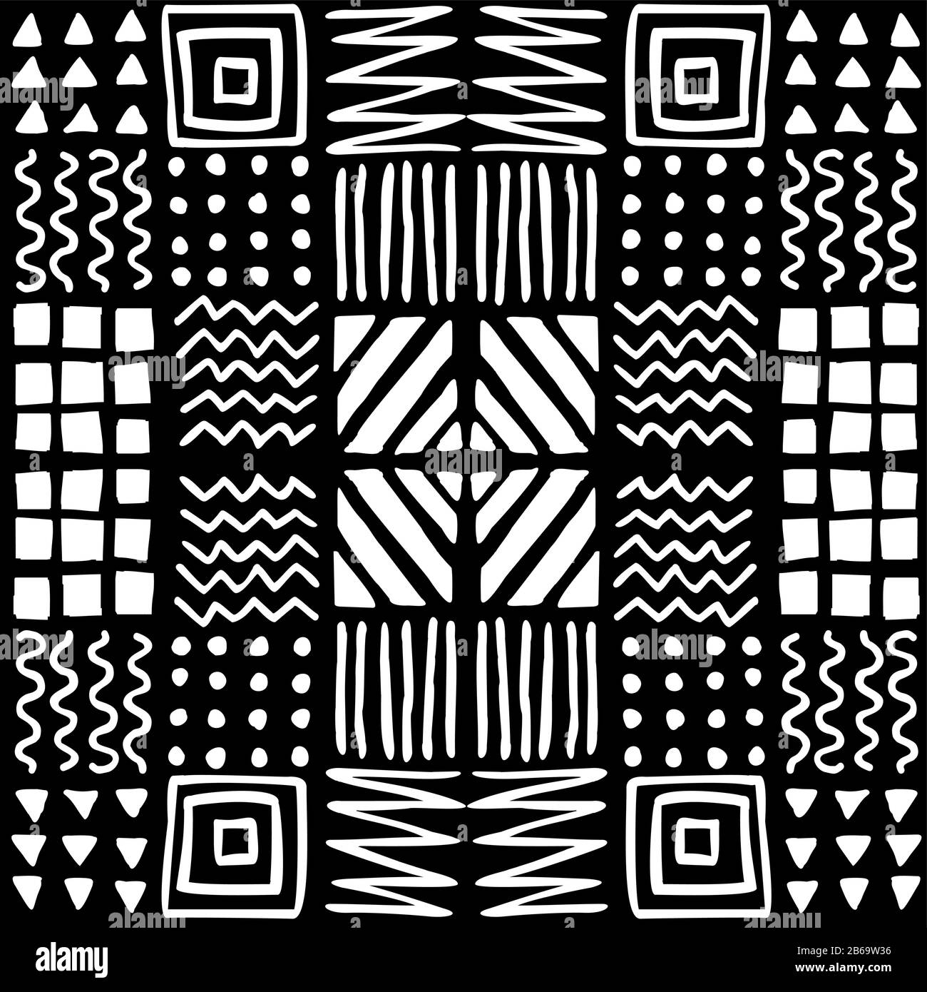 Tracciato geometrico vettoriale senza giunture di quadrati a mano, strisce, linee, punti, zigzag. Modello etnico bianco su sfondo nero. Per decor, tessile, Illustrazione Vettoriale