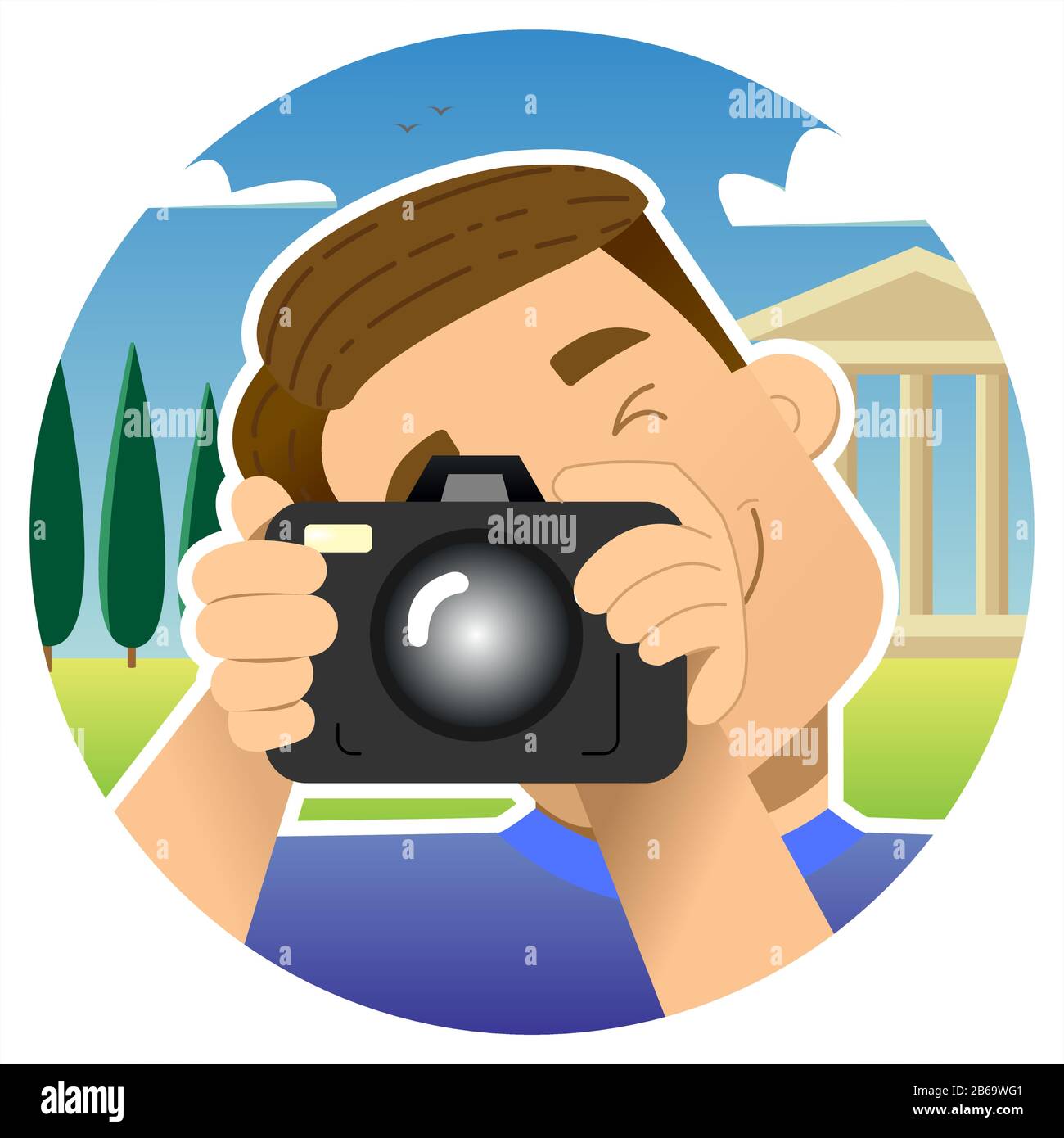 Turista, viaggiatore; ragazzo sorridente con una macchina fotografica in un'escursione, in Grecia, sullo sfondo dei monumenti; fotografie schiacciando 1 occhio; icona rotonda Illustrazione Vettoriale