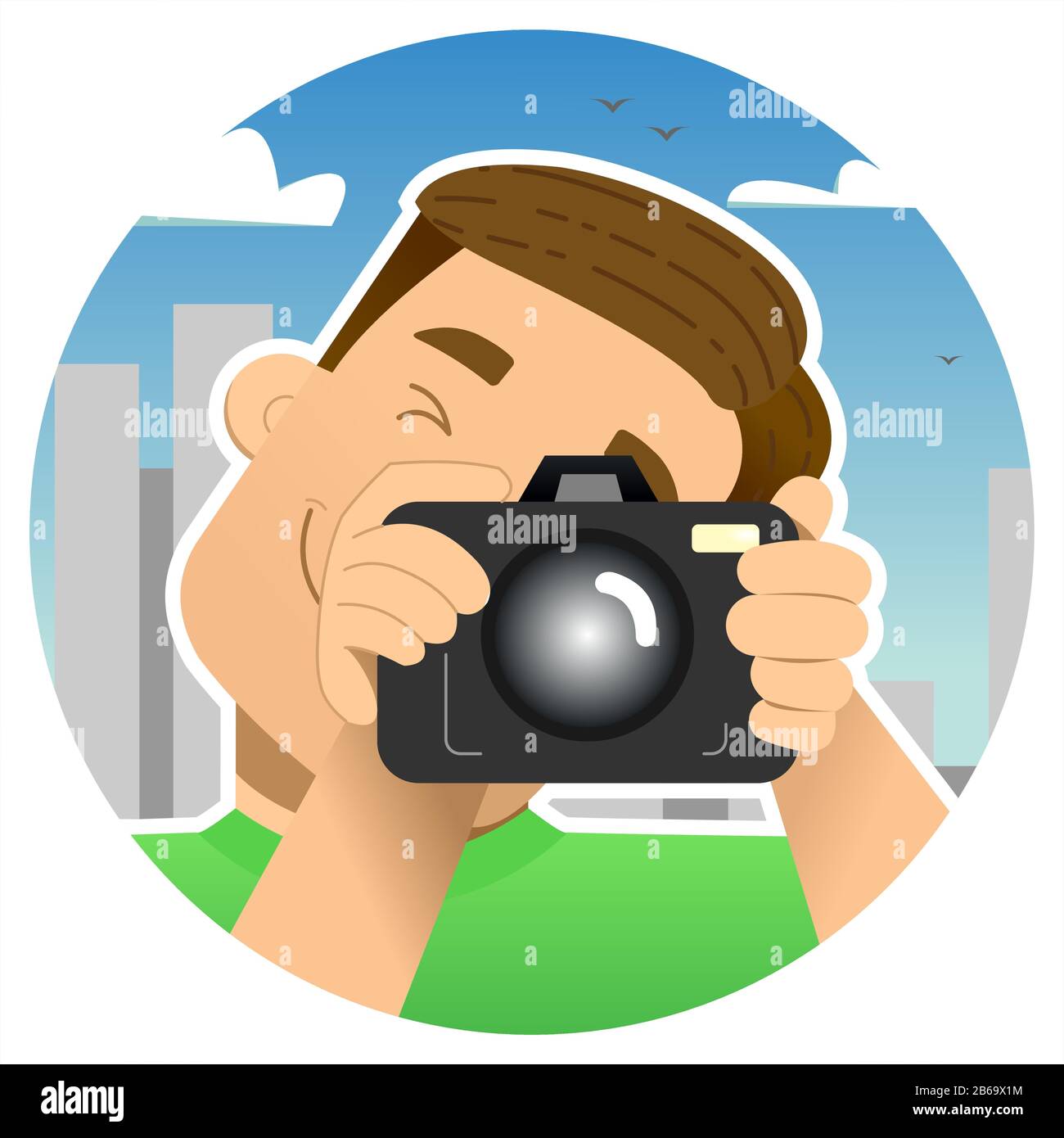 turista, viaggiatore; un ragazzo sorridente con una macchina fotografica in un'escursione, in città, su uno sfondo di grattacieli; fotografa qualcuno schiacciando 1 e Illustrazione Vettoriale